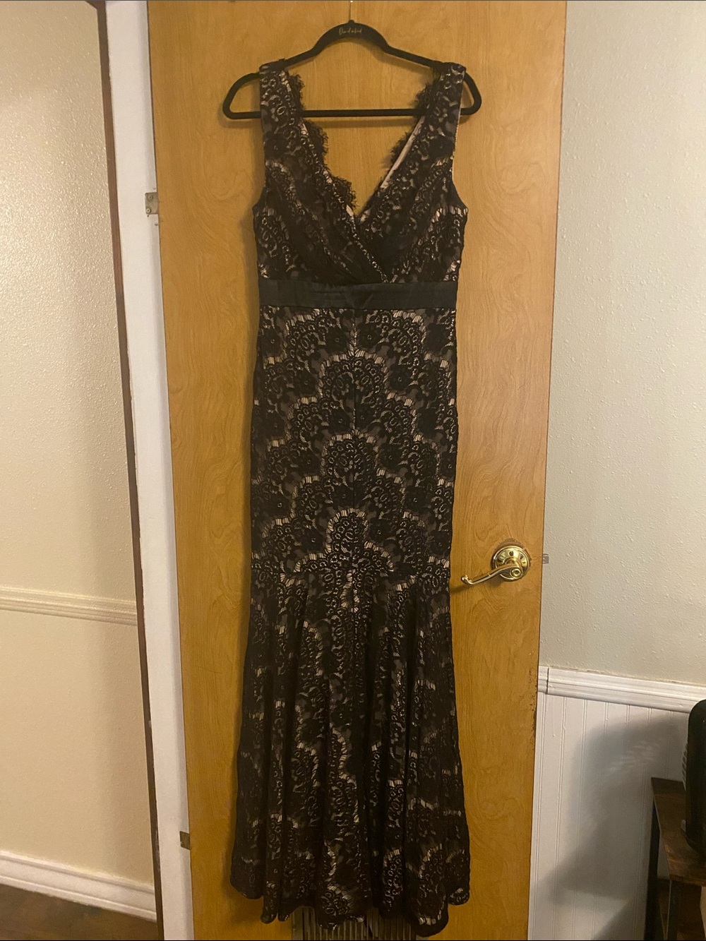 Betsy & Adam Black Lace V-Neck Maxi Gown with Nude Underlay